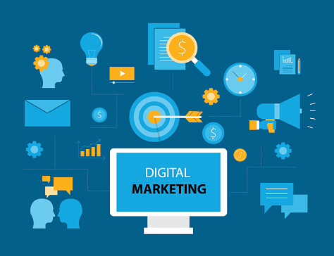 Computer monitor labelled ‘Digital Marketing’ surrounded by icons for ads, analytics, content, mobile, email, and audience engagement