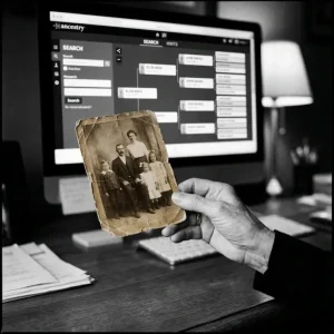A person holds an old family photograph in front of a computer displaying a family tree on an ancestry website