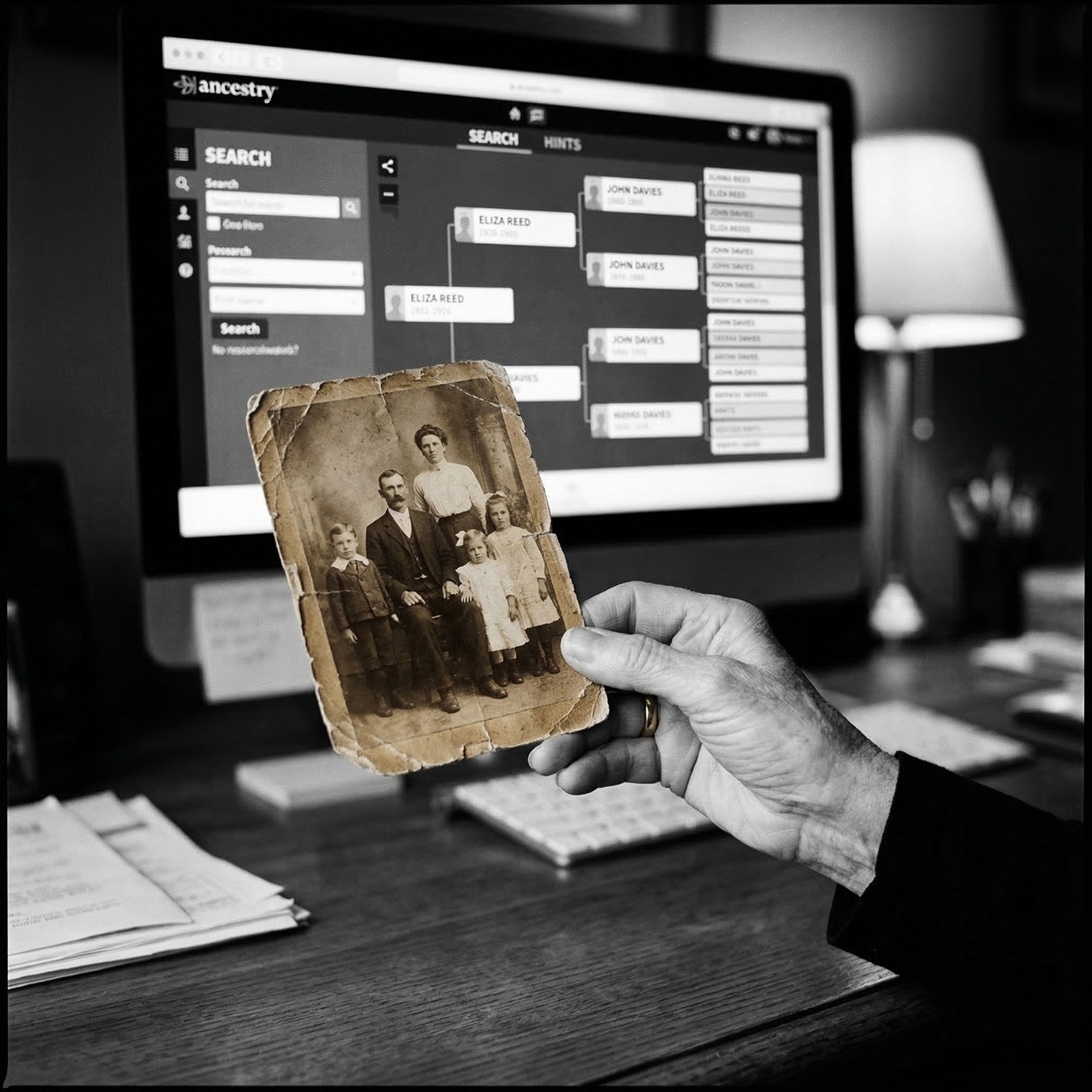 A person holds an old family photograph in front of a computer displaying a family tree on an ancestry website