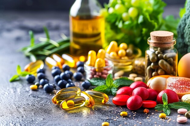 Colourful vitamins and supplements arranged with fresh fruits, vegetables, and herbs on a dark surface