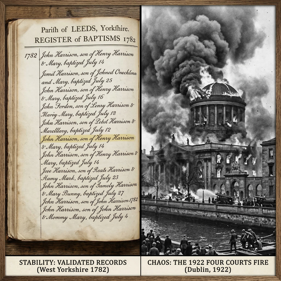 Side-by-side images showing an 1782 baptism register from Leeds on the left and a historic photograph of the 1922 Four Courts fire in Dublin on the right.
