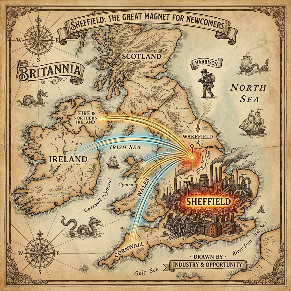 Vintage‑style map of Britain and Ireland showing migration routes leading toward an illustrated industrial Sheffield