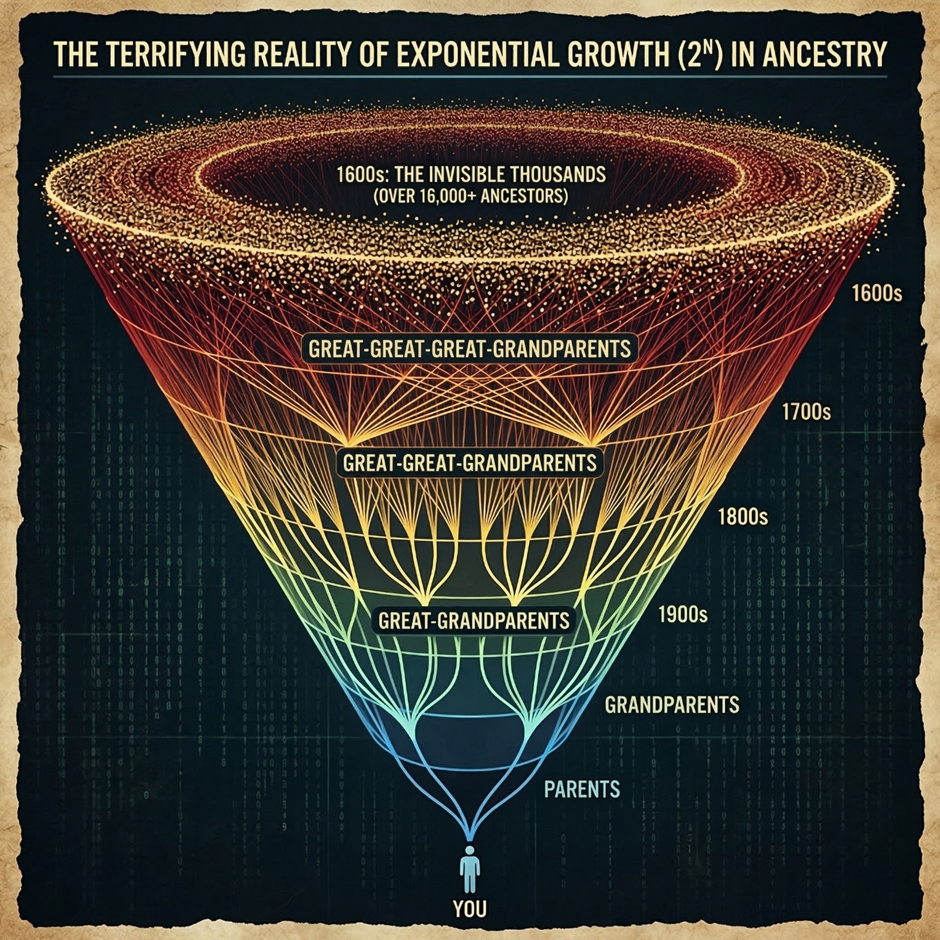 Diagram showing exponential growth of ancestors across generations, expanding from ‘You’ at the bottom to thousands of ancestors in the 1600s