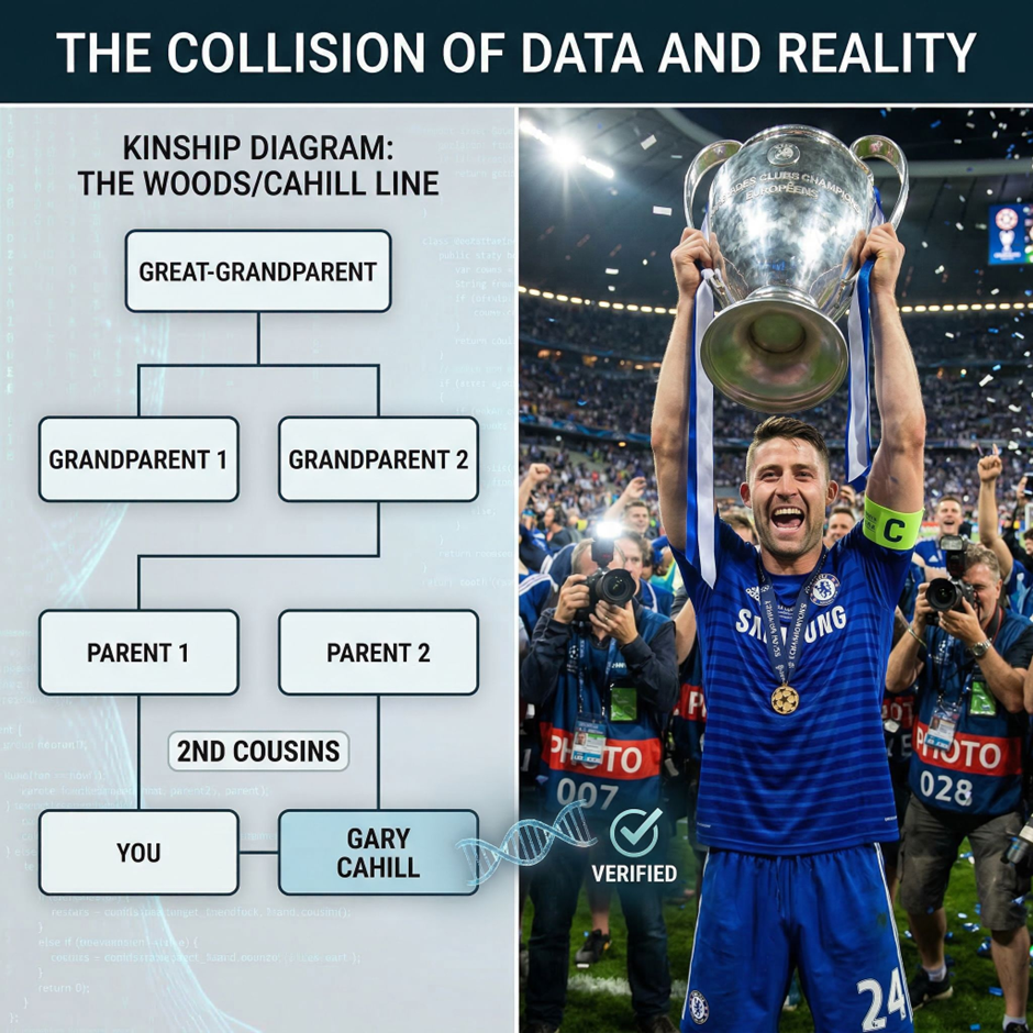 Kinship diagram showing a family line connecting ‘You’ to ‘Gary Cahill,’ alongside a scene of a football player holding a large trophy in a stadium