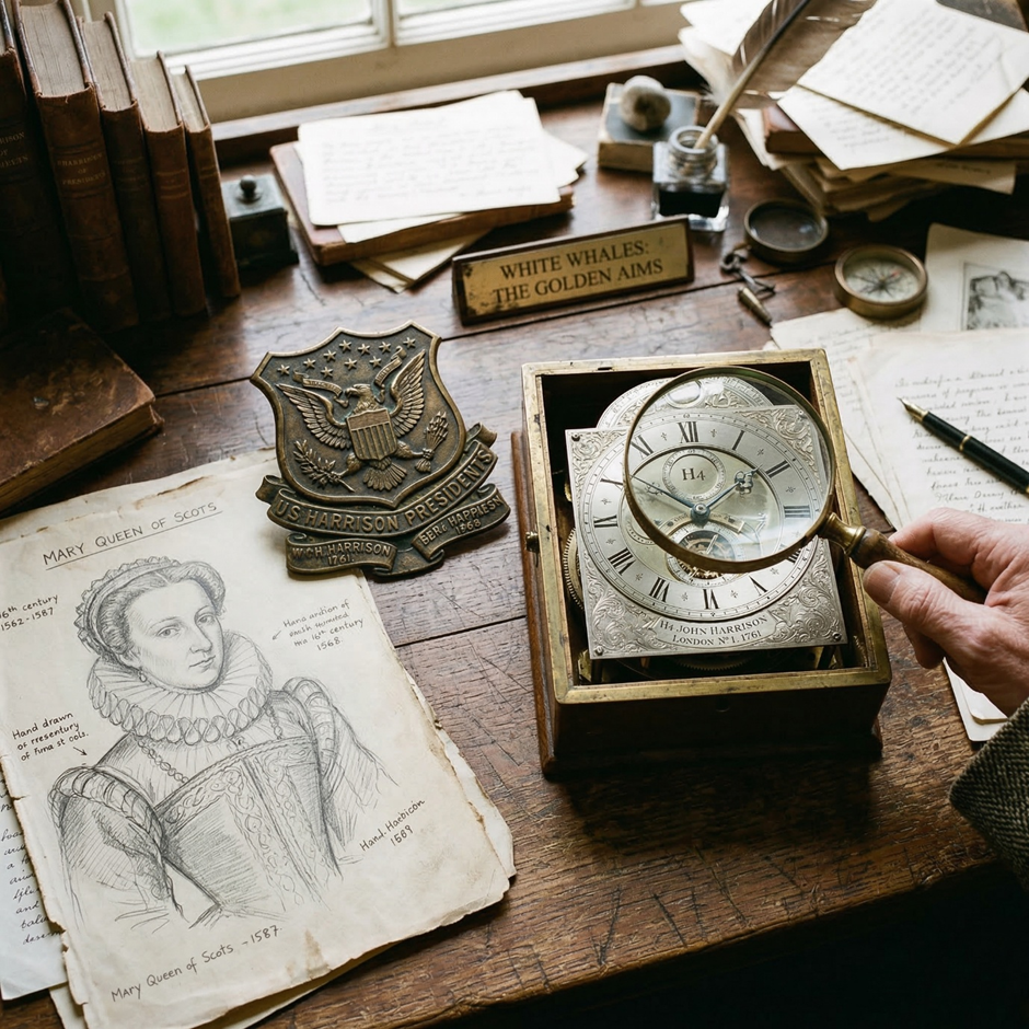 Antique desk scene with sketches, historical papers, a presidential-style badge, and a hand examining an ornate clock through a magnifying glass.