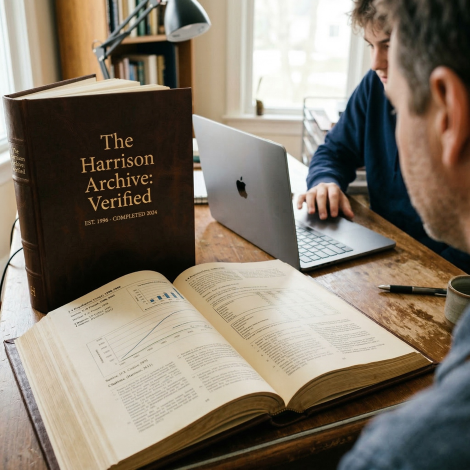 Large archival book titled ‘The Harrison Archive: Verified’ on a desk, with an open reference book and a person working on a laptop in the background