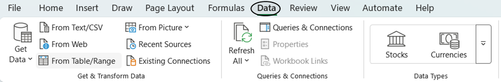 Screenshot of the Excel ribbon bar with a circle shape around the Data tab