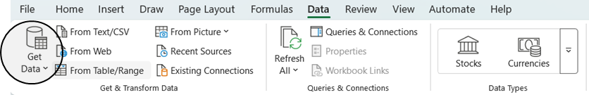 Screenshot of the Excel ribbon bar with a circle shape around Get Data