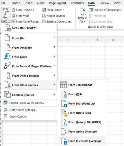 Screenshot in Excel selecting Get Data, From Other Sources From Microsoft Exchange