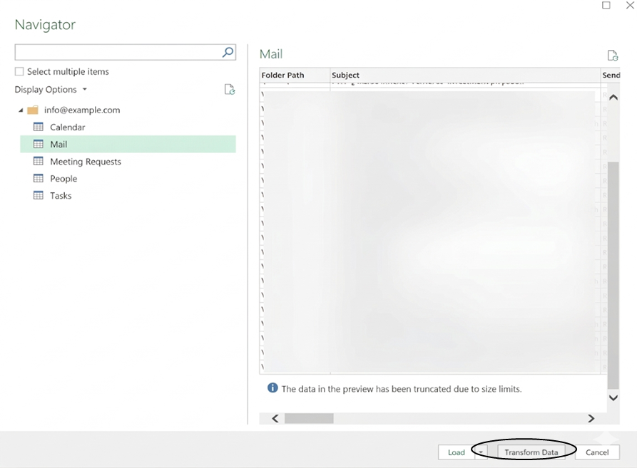 Screenshot of the Navigator, selecting the Mail data table to Transform Data