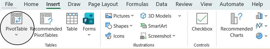 Excel ribbon showing Insert tab with Pivot Table circled