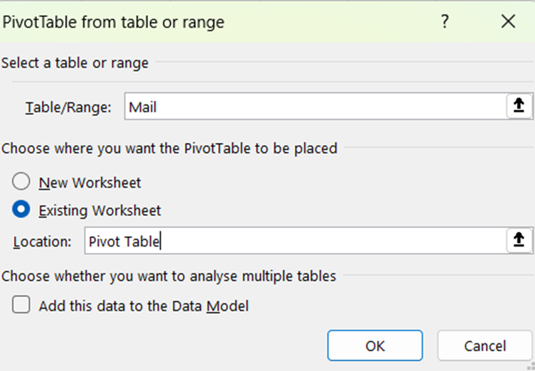 Screenshot showing data range of the Pivot Table selected