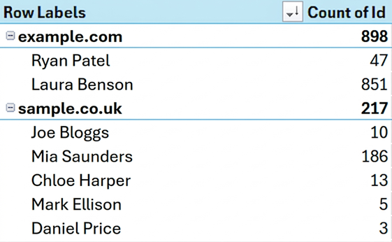 Sample of the Pivot Table data