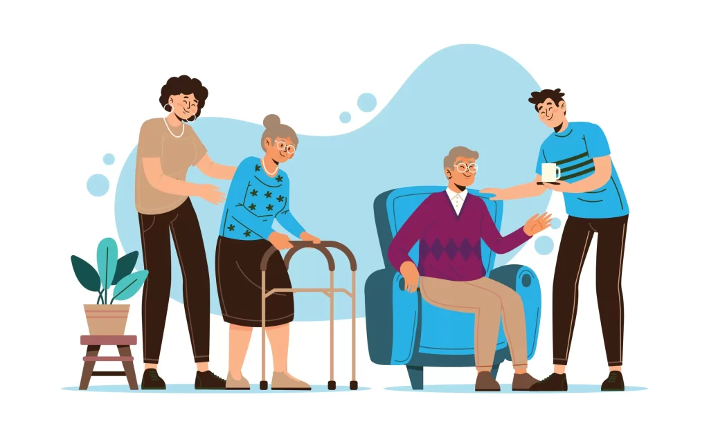 Caregivers assisting two elderly people, one with a walker and one seated, representing health and social care.