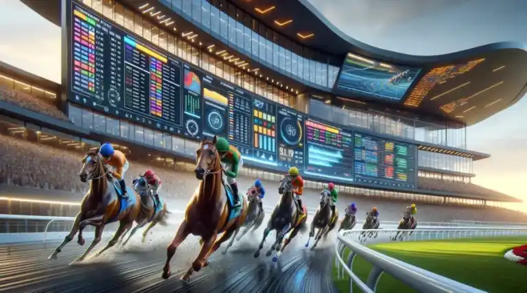Horse racing scene with multiple horses running on a track in front of a large modern stadium displaying brightly lit digital boards and race data