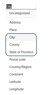 Image showing a dropdown of data categories, with City, County, State or Province circled