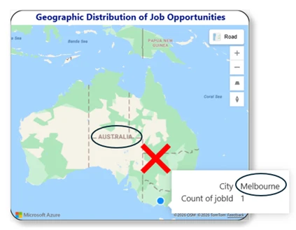 Power BI Map visual, showing Melbourne located in Australia rather than UK