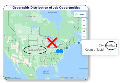 Power BI Map visual, showing Halifax located in United States rather than UK