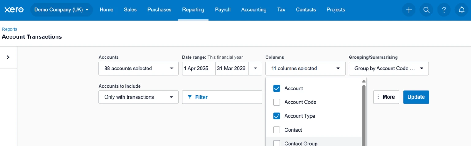 Account Transactions Report in Xero