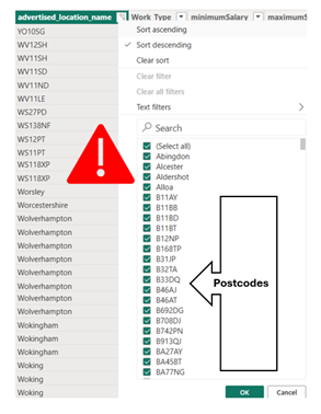 Spreadsheet filter menu showing a list of UK postcodes, highlighted with an arrow and warning icon.