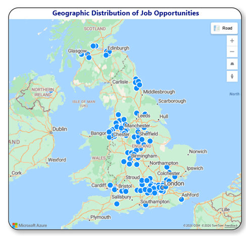 Working Power BI Map visual showing the jobs available across the UK