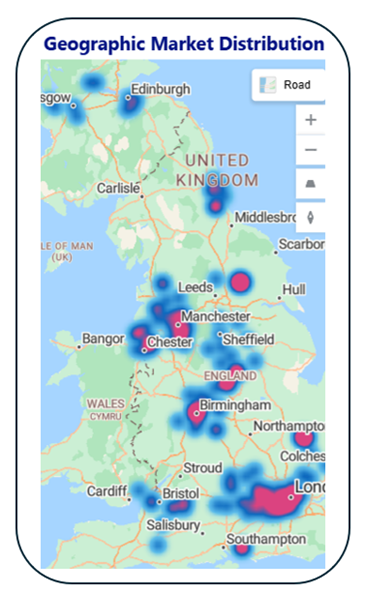 Power BI Map showing the geographic market distribution