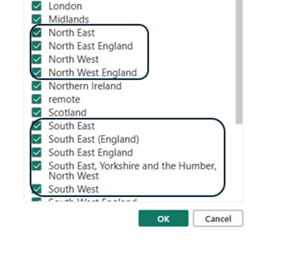 Filter dialog showing a checklist of UK regions with overlapping and duplicate region names outlined