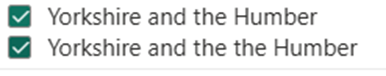 Filter checklist showing “Yorkshire and the Humber” listed twice, both options checked