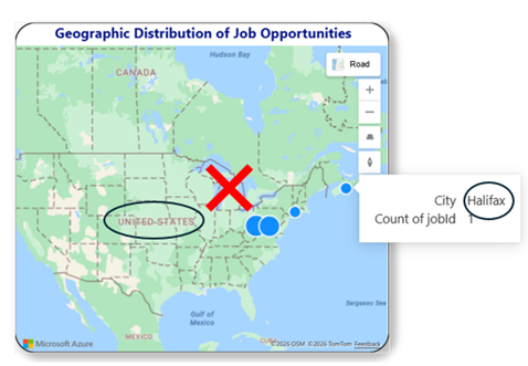 Power BI Map visual, showing Halifax located in United States rather than UK