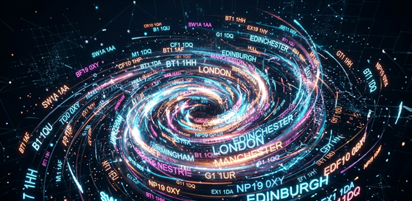 Abstract digital spiral of glowing data streams labelled with UK cities and postcodes, forming a galaxy-like pattern.