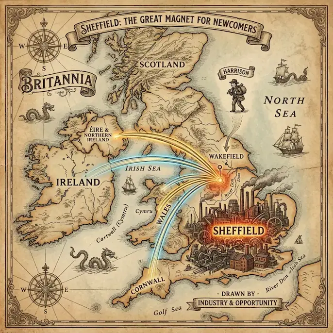 A map showing migration routes to Sheffield around the industrial revolution
