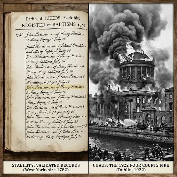 comparing the information between leeds and dublin, showing the fire in dublin courts and well preserved records in Leeds