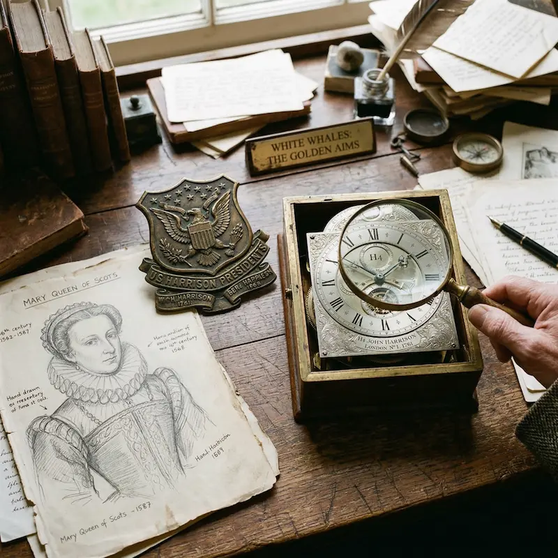 a compound image showing the harrison chronograph, mary queen of scots and president harrison