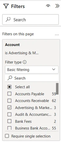Power BI Filter on page displaying only Advertising & Marketing expense