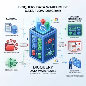 Diagram showing a BigQuery data warehouse with raw, structured, unstructured, and streaming data flowing into a central storage system, which outputs dashboards, analytics, reports, and visual insights