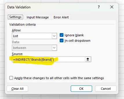 Using a table as data validation for dropdown lists in excel