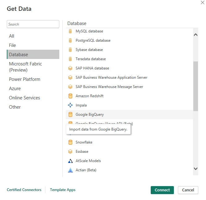 Connect Power BI to Google BigQuery menu