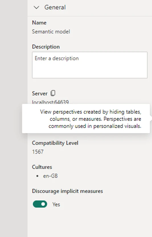 Power BI Semantic Model General Properties page, showing the discourage implicit measures option