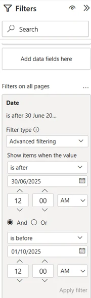 Filter applied to all pages displaying the previous 3 months - Jul, Aug, Sept