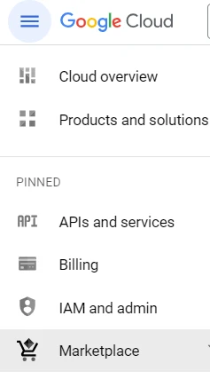 Google Cloud Marketplace menu layout