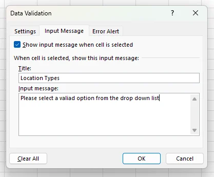 Adding an input message to a dropdown list in Excel
