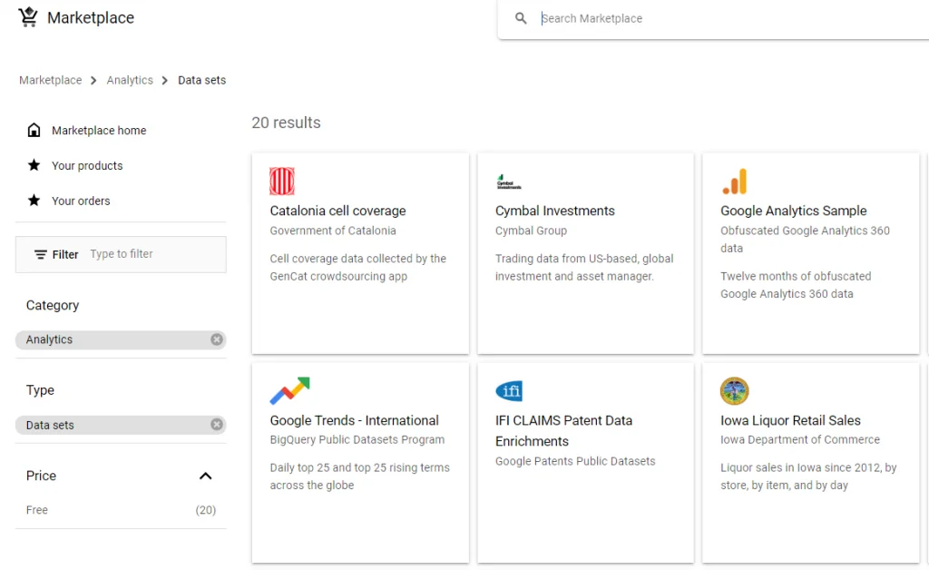 Google Cloud Platform marketplace, with public data sets