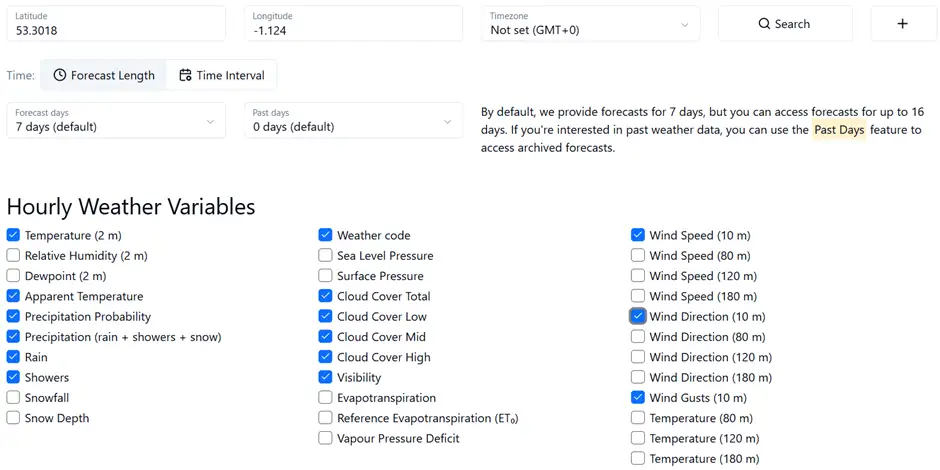 Screenshot of Open Meteo selecting the hourly weather variables to import to Power BI