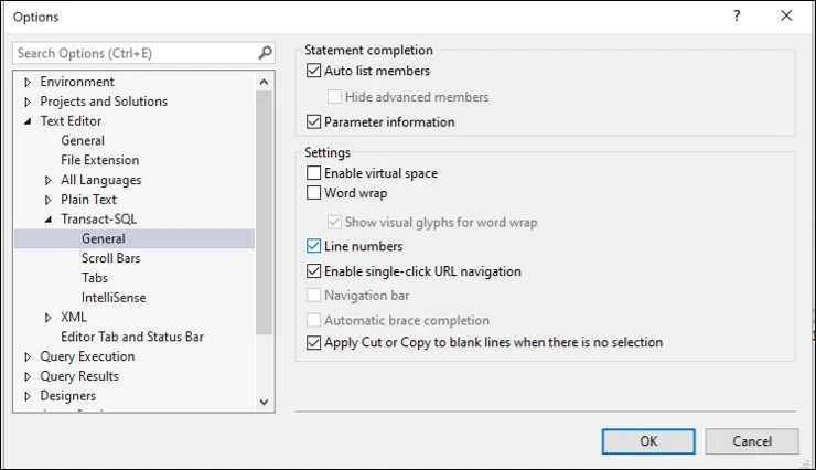 SSMS Options Menu screen