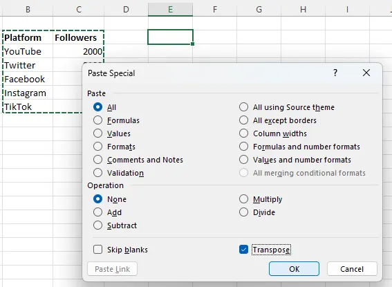 Paste Special Transpose in Excel