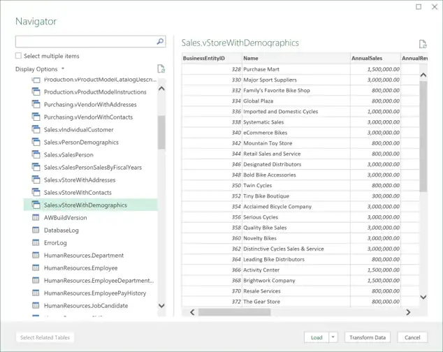 Excel data connection list of tables
