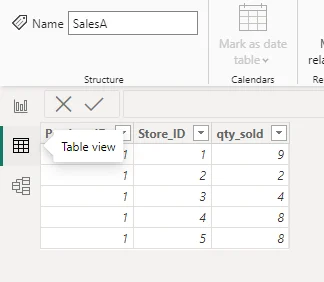 Select the first table in table view in Power BI