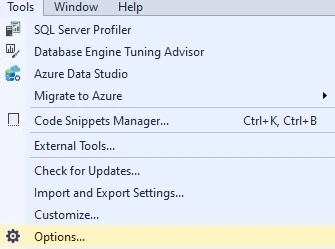 SSMS Menu screen showing tools
