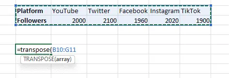 Excel TRANSPOSE Function formula