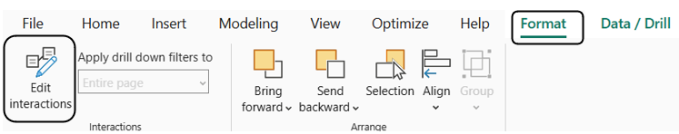 Screenshot of Power BI ribbon circling Format and Edit Interactions